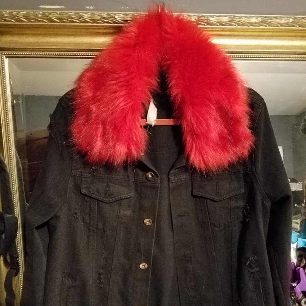 Black Denim Jacket distressed removable red boa